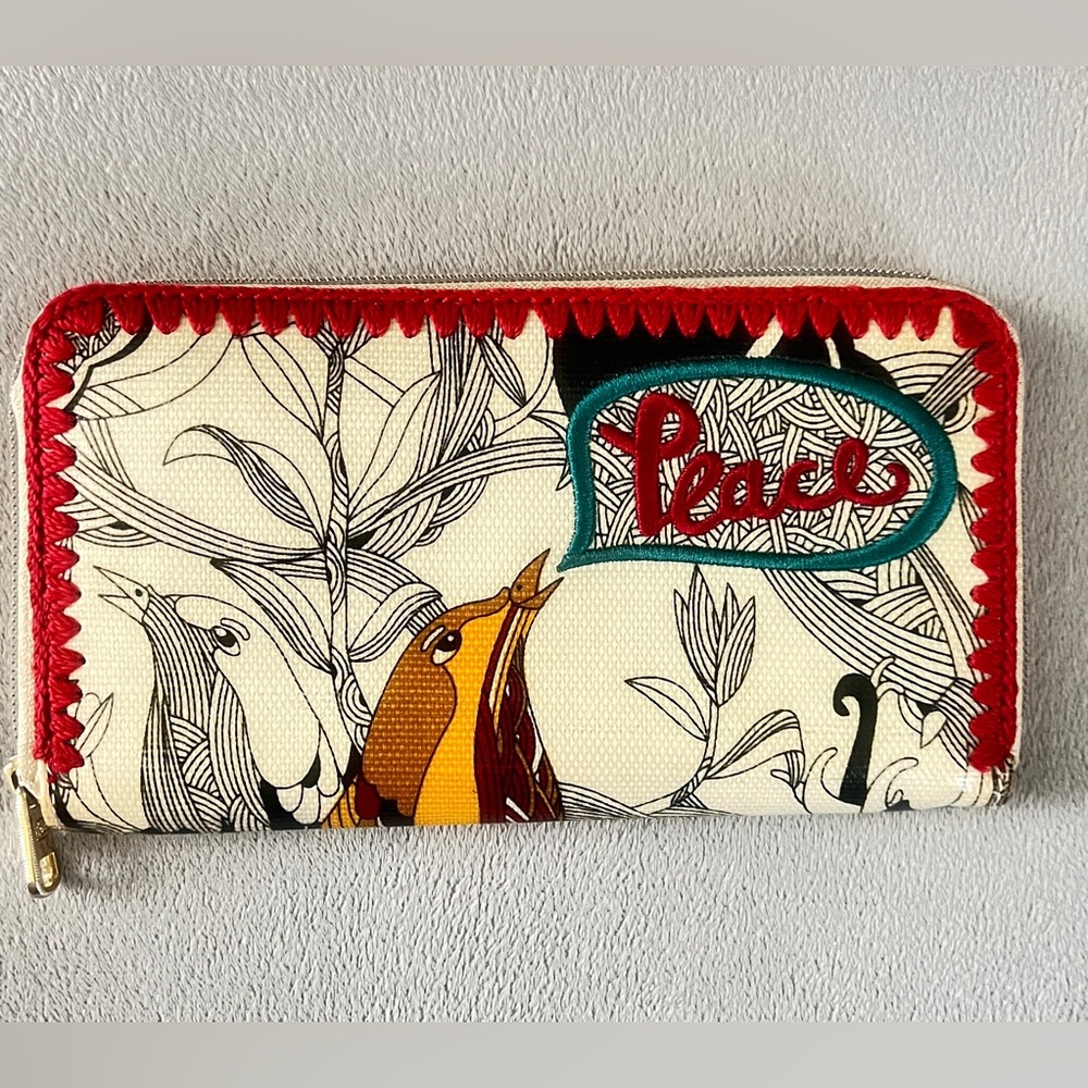 Sakroots Peace embroidered bird & botanical coated canvas zip-around wallet